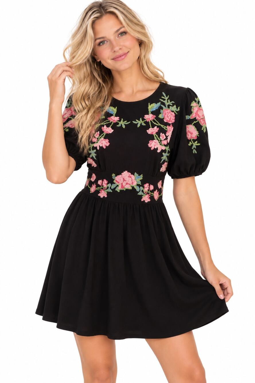 ASOS Design Embroidered Dress Womens Size 6 Black Knit Floral LBD Mini Boho